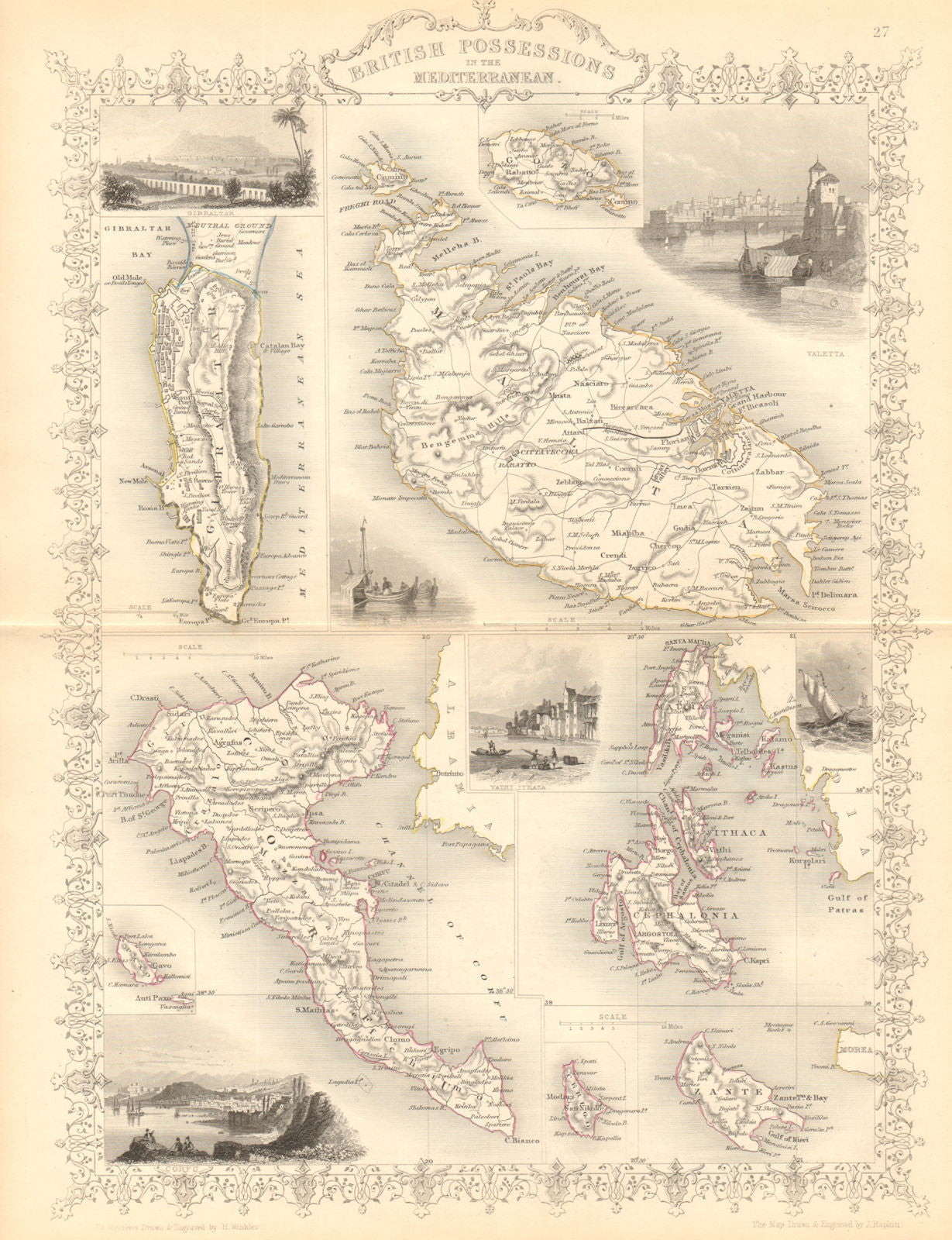 MEDITERRANEAN. Gib Malta Corfu Zante Cephalonia Lefkada.TALLIS/RAPKIN 1849 map
